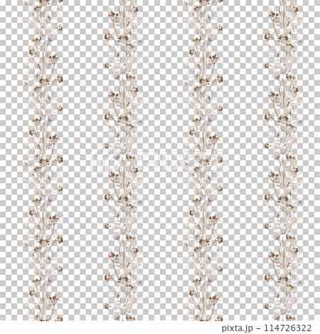 Watercolor seamless pattern floral delicate pastel vintage green violet purple brown bouquet. Hand drawn illustration isolated on white background. Flower and leaves composition for textile 114726322