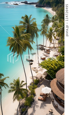 Aerial view of a tropical beach with palm trees, chairs, and azure waters 114726495