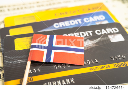 Credit card model with Norway flag, financial investment economy business banking. Credit card model with Norway flag, financial investment economy business banking. 114726654