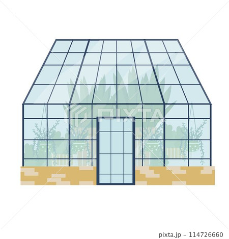 Stylish greenhouse with plants in pots isolated on white background stock vector illustration. Gardening, agriculture, homegrown concept. In trend modern colors 114726660