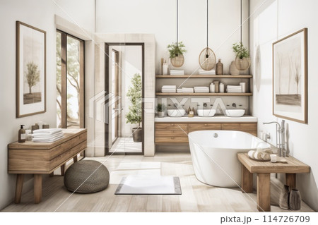 A bathroom with bathtub, sinks, shelves, in rectangle room with wood floor 114726709