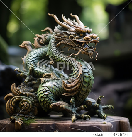 A green dragon statue on a table embodies art and mythology 114726722
