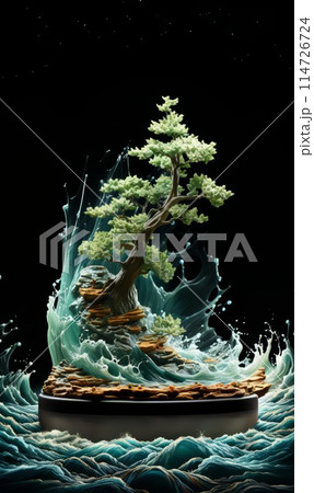 A bonsai tree in a pot placed in the midst of the vast ocean A bonsai tree in a pot placed in the midst of the vast ocean 114726724