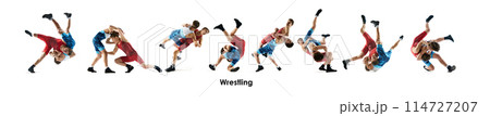 Collage. Two men, wrestlers in dynamic motion, wrestling, training, showing strength and skills in competitive match isolated on white background. Collage. Two men, wrestlers in dynamic motion, wrestling, training, showing strength and skills in competitive match isolated on white background. 114727207