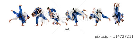 Collage. Two competitive men training judo martial arts, fighting isolated on white background 114727211