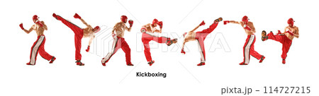 Collage. Shirtless muscular man in red uniform training kickboxing, practicing punches isolated on white background. 114727215