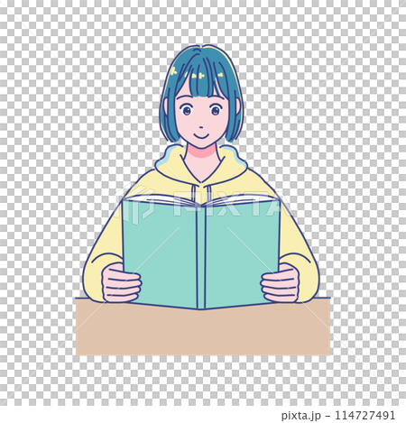 Anime-style female student studying at a desk Anime-style female student studying at a desk 114727491
