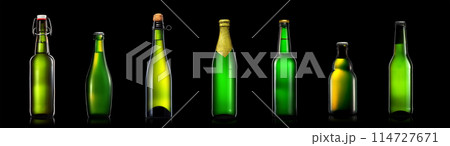 Set of bottle of beer or cider with clipping path isolated on black gradient background Set of bottle of beer or cider with clipping path isolated on black gradient background 114727671