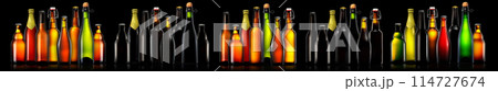 Set of beer, wine and champagne bottles with clipping path isolated on black background 114727674