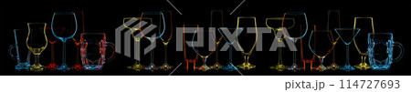 Silhouette of multicolor neon different glasses on black background. 114727693