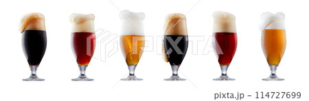 Set of beer cocktails with foam in different glasses and mugs isolated on white background. 114727699