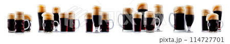 Set of beer cocktails with foam in different glasses and mugs isolated on white background. 114727701