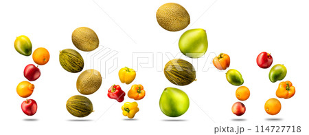 Group of fruits isolated on white background like mango. melon, apple , bell pepper and orange. 114727718