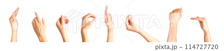 Set of woman hands showing different gestures, pointing and showing signs isolated on white background Set of woman hands showing different gestures, pointing and showing signs isolated on white background 114727720