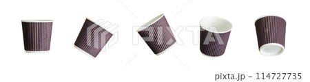 Set of mockup of coffee paper drinking cup with disposable top cap on white background. Isolated with clipping path. 114727735