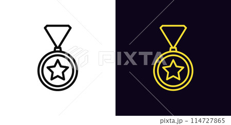 Outline medal icon, with editable stroke. Medal sign with star. First place, golden medal, sport award, top reward, winner and champion trophy, game prize and achievement, contest victory. Vector icon 114727865