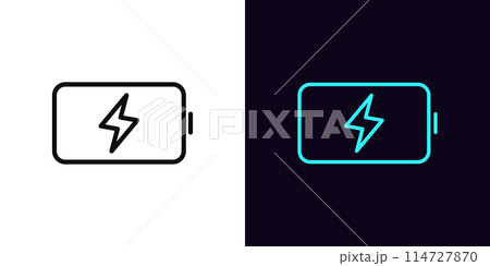 Outline battery icon, with editable stroke. Electric battery with lightning sign. Charging accumulator, electric energy and fuel, fast charge effect, recharge, smart battery charging. Vector icon 114727870