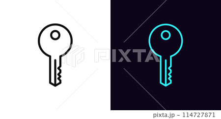 Outline door key icon, with editable stroke. Key sign for house lock. Unlock access, private security key, admin password. House and apartment rental, secure mortgage, real estate owner. Vector icon 114727871
