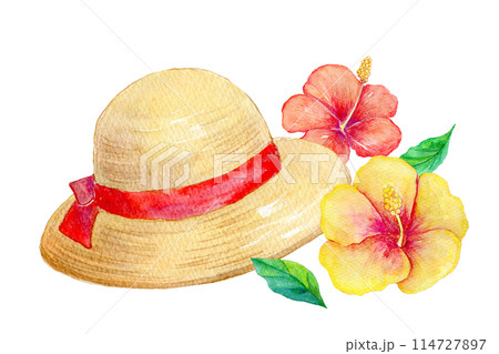 かわいい麦わら帽子とハイビスカス 水彩イラスト かわいい麦わら帽子とハイビスカス 水彩イラスト 114727897