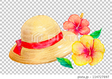 かわいい麦わら帽子とハイビスカス 水彩イラスト かわいい麦わら帽子とハイビスカス 水彩イラスト 114727897