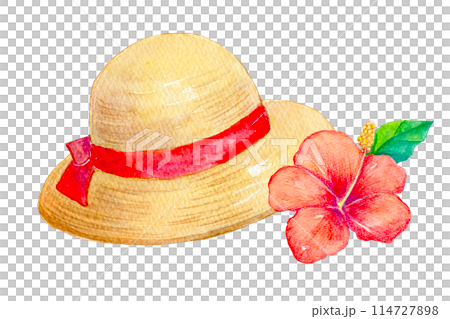 Cute straw hat and hibiscus watercolor illustration Cute straw hat and hibiscus watercolor illustration 114727898