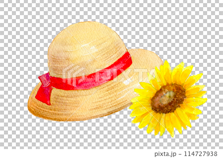 Cute straw hat and sunflower watercolor illustration 114727938