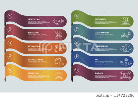 Infographic Industry 4.0 template. Icons in different colors. Include Industry 4.0, Blockchain, Automation, Manufacturing and others. Infographic Industry 4.0 template. Icons in different colors. Include Industry 4.0, Blockchain, Automation, Manufacturing and others. 114728286