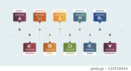 Infographic Startup template. Icons in different colors. Include Partnership, Precision, Career, Creativity and others. Infographic Startup template. Icons in different colors. Include Partnership, Precision, Career, Creativity and others. 114728434