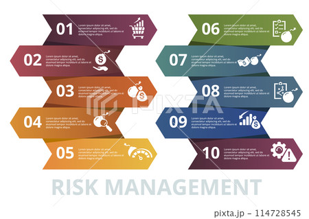 Infographic RManagement template. Icons in different colors. Include Market Trend, Investment, Capital, Risk Identification and others. Infographic RManagement template. Icons in different colors. Include Market Trend, Investment, Capital, Risk Identification and others. 114728545
