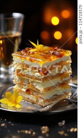 A slice of cake rests upon a plate beside a glass of wine A slice of cake rests upon a plate beside a glass of wine 114728570