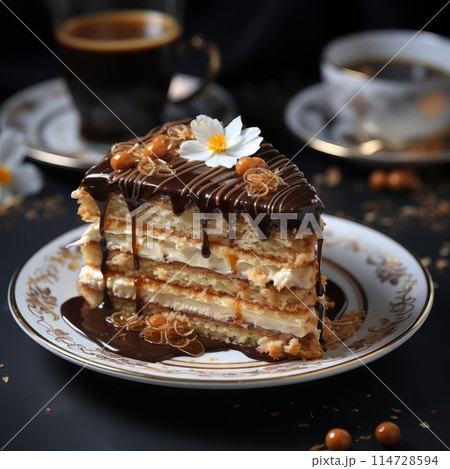 A slice of cake on a plate with coffee in the background 114728594