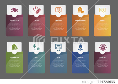 Infographic Banking template. Icons in different colors. Include Absorption, Credit, Leasing, Bank Account and others. 114728633