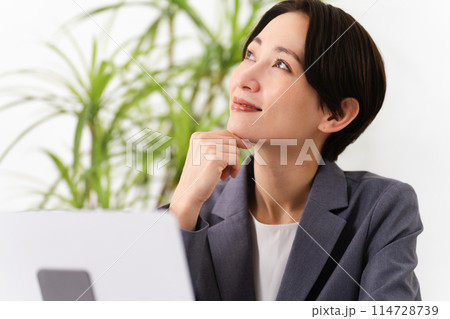 ビジネススーツを着てラップトップを操作している若い女性　ビジネスイメージ 114728739