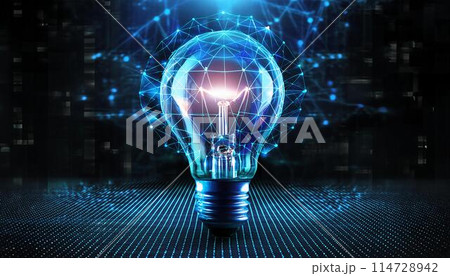 青く輝く電球のホログラム 青く輝く電球のホログラム 114728942
