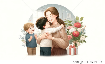 Mother embracing her children on mother's day 114729114