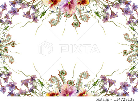 Hand drawn watercolor illustration botanical flowers leaves. Mauve pansy viola, willow eucalyptus, bergenia heliotrope lungwort, forest fern shoot. Frame isolated on white. Design wedding, cards Hand drawn watercolor illustration botanical flowers leaves. Mauve pansy viola, willow eucalyptus, bergenia heliotrope lungwort, forest fern shoot. Frame isolated on white. Design wedding, cards 114729138