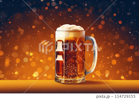 Foamy beer in large glass mug stands in local bar on Oktoberfest, Ai generated 114729155