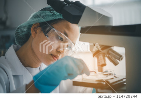 Female researchers are experimenting with pipette dropping a sample into a test tube in an experiment research in laboratory... Female researchers are experimenting with pipette dropping a sample into a test tube in an experiment research in laboratory... 114729244