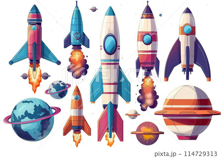 Generative ai on theme of beautiful space rocket in sky, bright meteorites glow in atmosphere 114729313