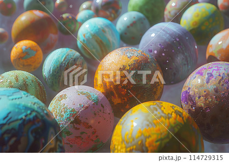 Generative ai on theme of parade of planets in solar system, bright stars glow in atmosphere 114729315