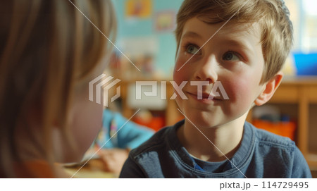 Schoolboy boy surrounded by friends 114729495