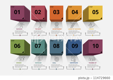 Infographic Success template. Icons in different colors. Include Success, The Best, Achievement, Lader Of Success and others. 114729660