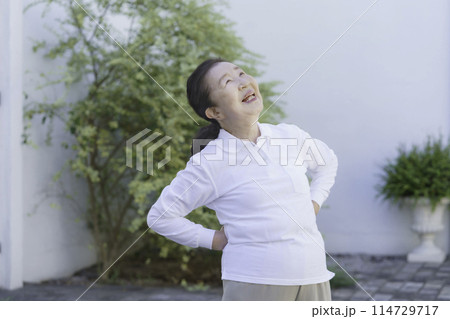 庭で体操をするシニア女性 114729717