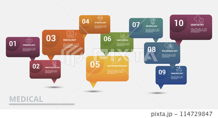 Infographic Medical template. Icons in different colors. Include Venerology, Anesthesiology, Oncology, Gynecology and others. 114729847