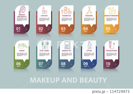 Infographic Makeup And Beauty template. Icons in different colors. Include Makeup And Beauty, Lipstick, Cosmetics, Scissors and others. 114729973