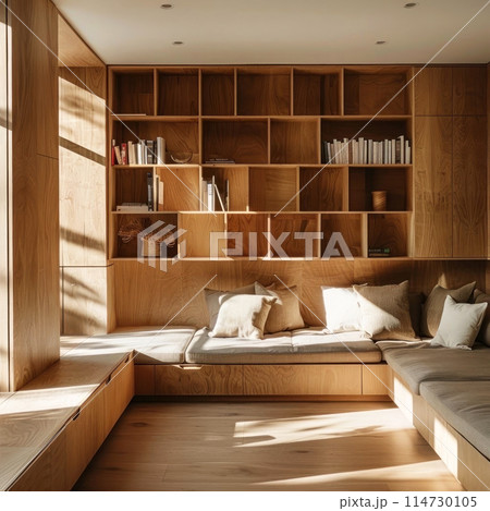 Experience tranquility in this cozy nook with warm wooden bookshelves 114730105