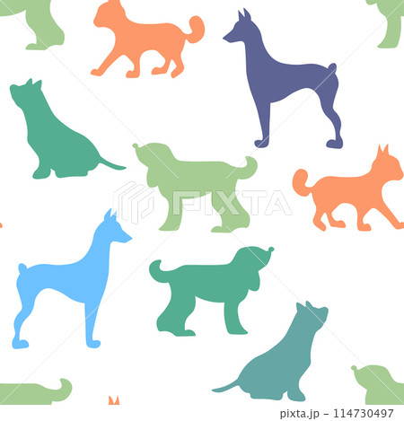 Vector seamless repeating childish pattern with cute dogs, cats in Scandinavian style. Animals background with dog, cat, pets, puppy for invitation, poster, card, flyer, textile, fabric Vector seamless repeating childish pattern with cute dogs, cats in Scandinavian style. Animals background with dog, cat, pets, puppy for invitation, poster, card, flyer, textile, fabric 114730497
