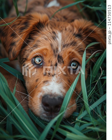 Captivating gaze of a brown and white dog lying in the lush green grass 114730513