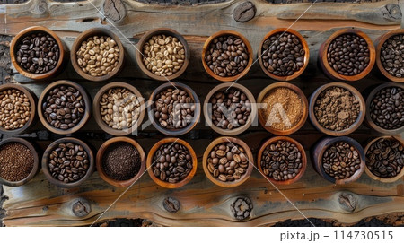 Assorted coffee beans on a driftwood background 114730515