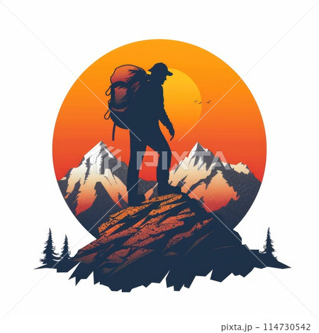 A hiking logo. Silhouette of a hiker in the mountains on a sunset background 114730542